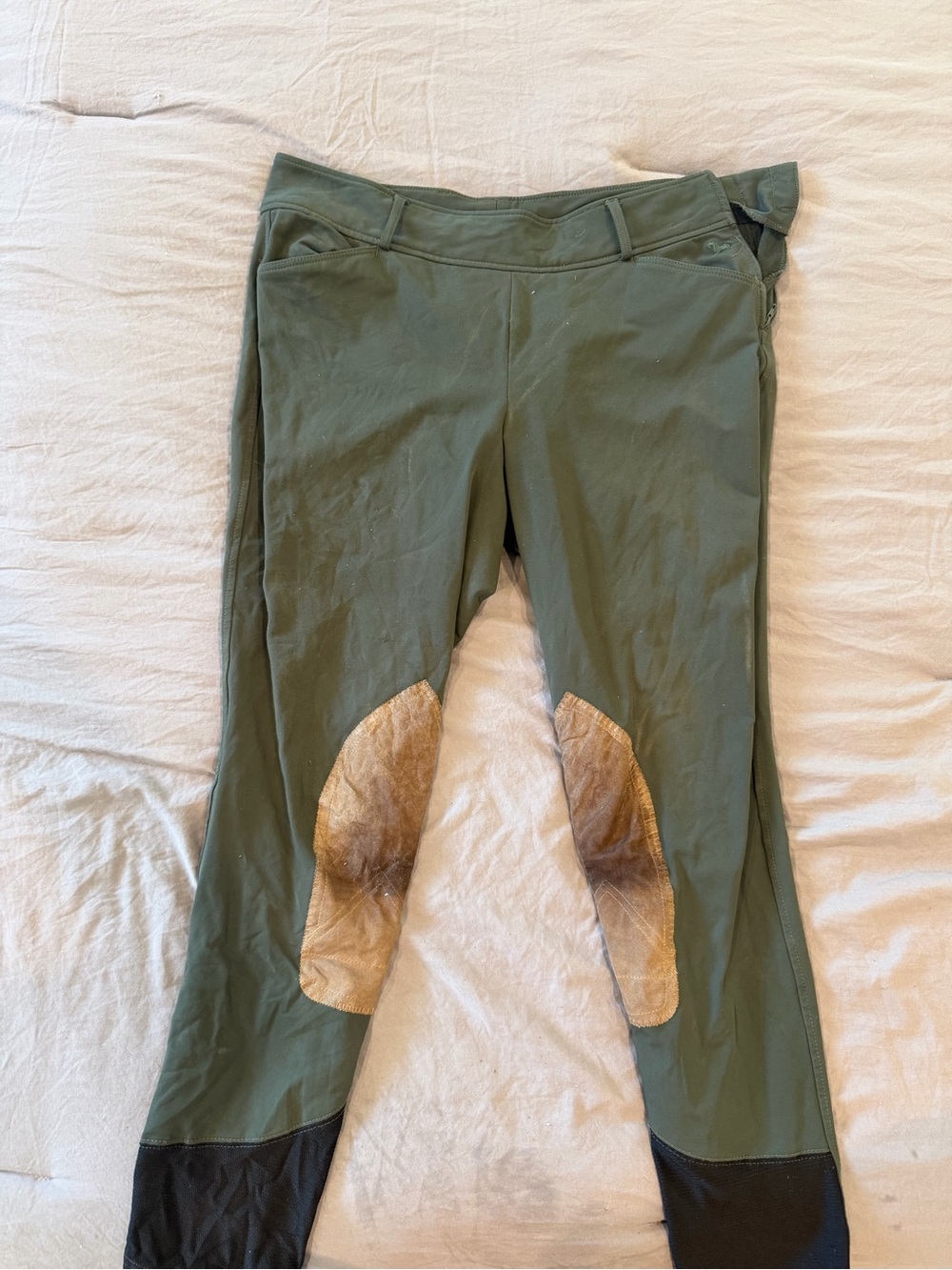 R.J. Classic Olive Green Riding Breeches with Tan Knee Patches, side zip